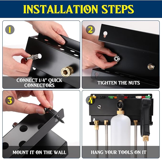 DoubleFill Pressure Washer Gun Holder, Wall Mount Foam Cannon Holder, Car Wash Accessories Organizer for Wand/Nozzle Tips, 1/4'' Pressure Washer Accessories Storage Rack(Black)