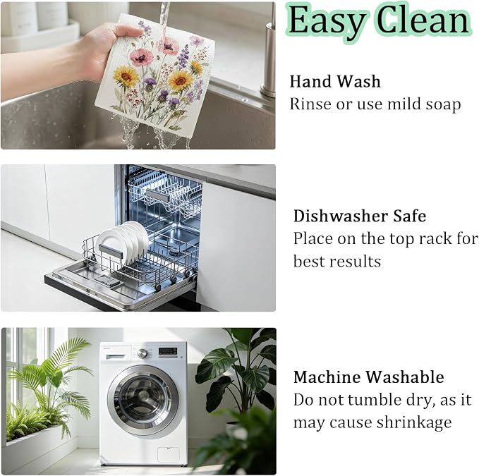 Swedish Dishcloths for Kitchen 5 Pack Spring Wildflower Reusable Paper Towels with 3 Hooks Absorbent Washable Dish Cloth Set Cleaning Cloth for Housewarming