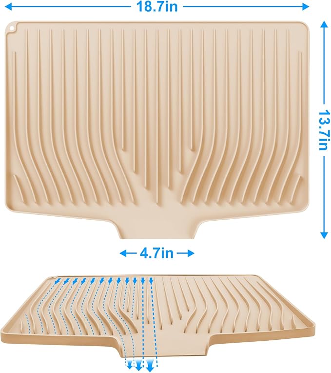 Silicone Dish Drying Mat for Kitchen Countertops and Sinks,19 x13.7 Inch Non Slip Heat Resistant Mat with Built In Drainage System,For Refrigerator and Drawer Liners (beige, 19 x13.7 Inch)