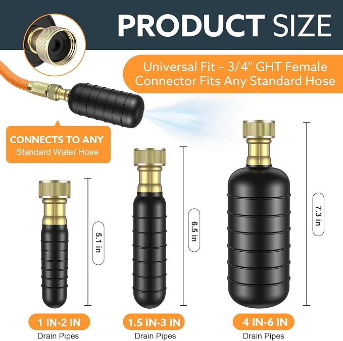 3-Pack Drain Bladder Kit, Water-Powered Rubber Drain Cleaning Bladder, Fits 1 to 6 Inch Pipes, Ideal for Clearing Bathroom Sinks, Showers, Swimming Pool Drains, Kitchen Sinks and Main Drains Clogs