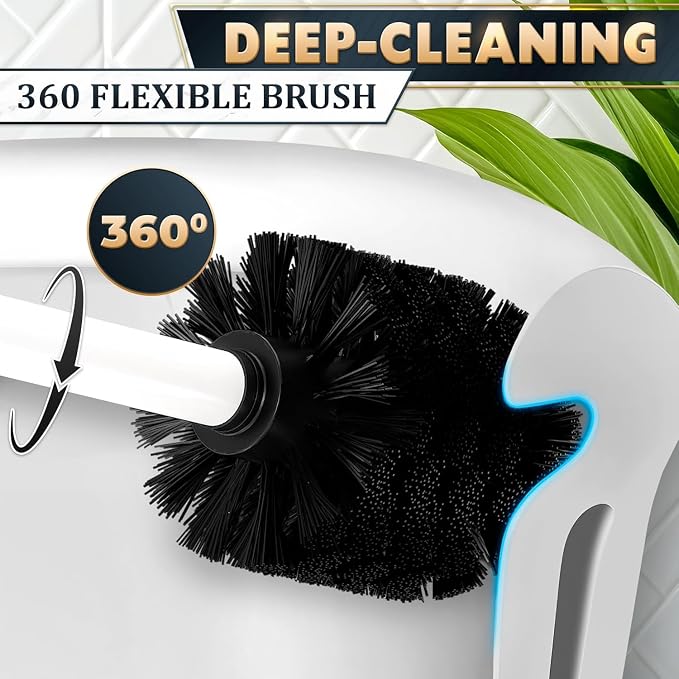 Stainless Steel Toilet Brush and Holder Set White - Long Handle Toilet Bowl Cleaner Brush and Holder - Removable Inner Liner, Shiny Design, Splash Protection & Dense Bristles for Bathroom Cleaning