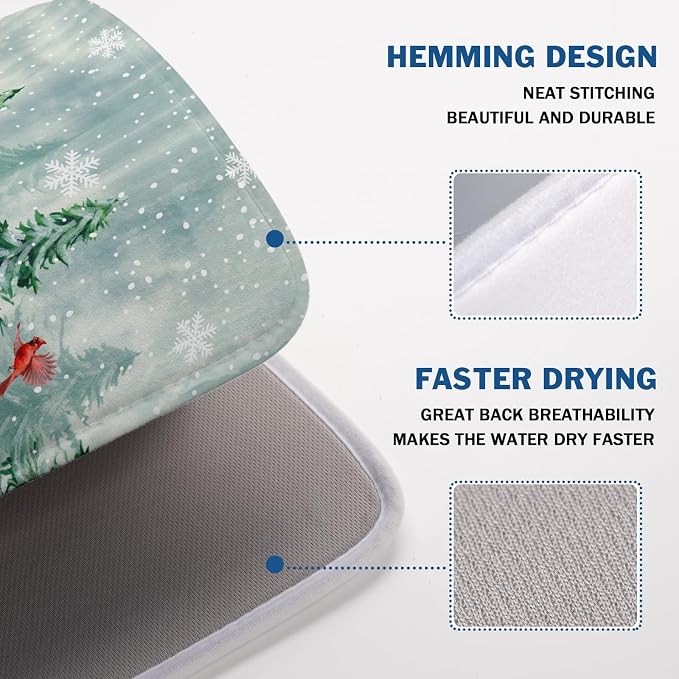 Winter Pines Tree Dish Drying Mats for Kitchen Counter, Christmas Tree Dish Mat Absorbent Reversible Microfiber Dish Drying Pad Winter Kitchen Drying Mat Dish Drainer Rack Mats for Coffee Bar 18"x24"