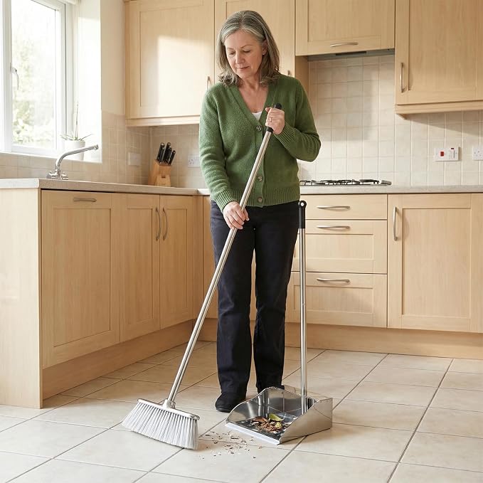 Metal Dustpan with Soft Bristles Broom Heavy Duty Stainless Steel Upright Standing Dust Pan and Broom for Sweeping Indoor Outdoor Home Kitchen Office Lobby Hardwood Floor Cleaning