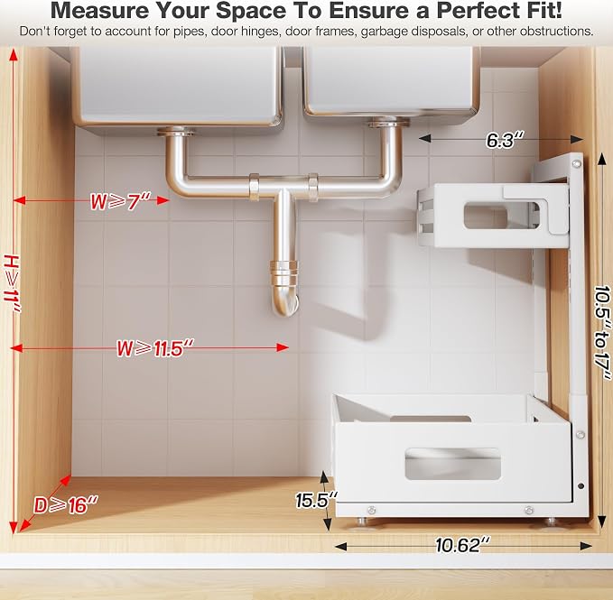 1 Pack Under Sink Organizer,Pull Out Cabinet Organizer With Smooth Cylindrical Rail,Metal Slide Out Drawer for Kitchen Bathroom Laundry Cabinet,8-Level Tool Free Height Adjustable-White
