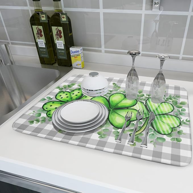 St Patricks Day Dish Drying Mat for Kitchen Counter Shamrocks Eucalyptus Leaf Holiday Microfiber Absorbent Dish Draining Reusable Washable Foldable Extra Large 18"x24"