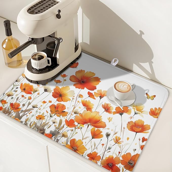 Fall Dish Drying Mat for Kitchen Counter 18 x 24 Inch Autumn Orange Floral Dish Drainer Mat Absorbent Microfiber Thanksgiving Harvest Dish Rack Pad for Coffee Dining Decor