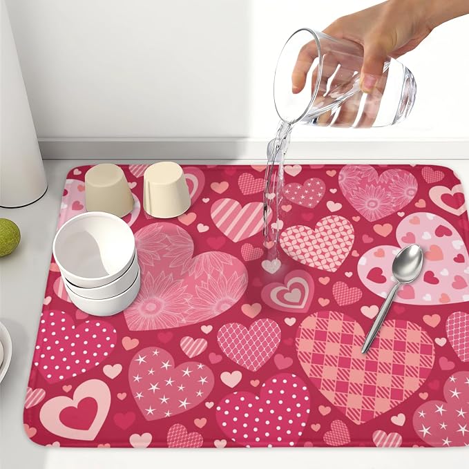 Valentine's Day Red Heart Dish Drying Mat 18x24 Inch | Polyester，Absorbent Microfiber，for Kitchen Coffee Dining Bar Decor