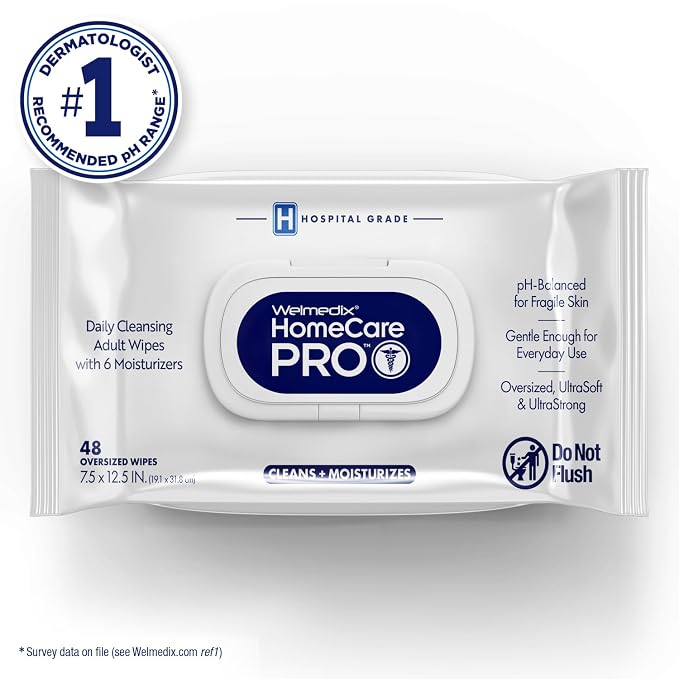 Welmedix Adult Bathing Wipes - Oversized No Rinse Bath Wipes | 6 Moisturizers - Hospital Grade Daily Cleansing Disposable Washcloths for Fragile Skin - XL 7.5” x 12.5” - 48 Count