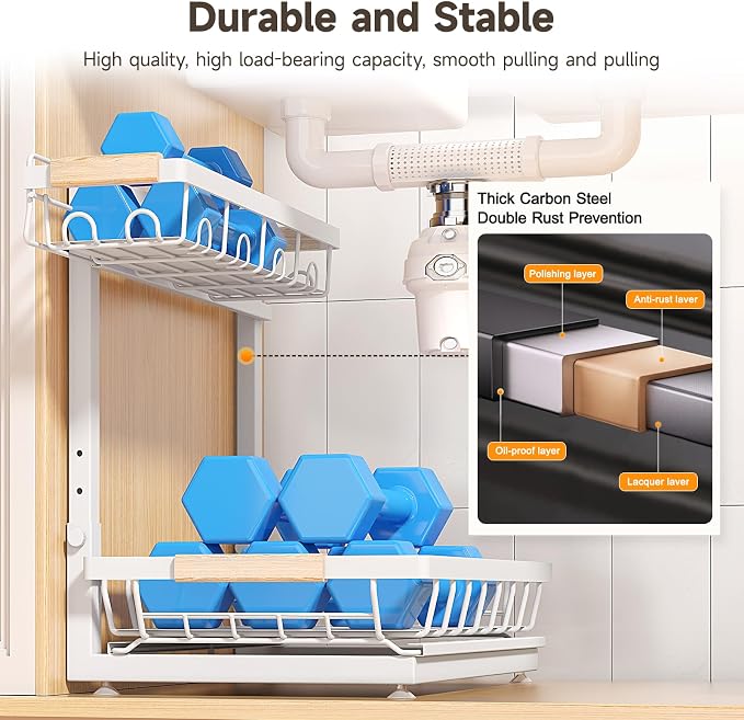 Sevenblue 2-Pack 2-Tier Height Adjustable Under Sink Organizer & Storage | Multi-purpose storage for kitchen & bathroom cabinet. Large white shelf, height adjustable design for space-saving.