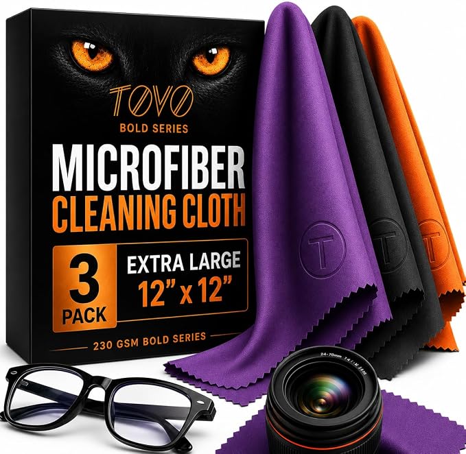 Extra Large Microfiber Cleaning Cloth – 3 Pack, 12"x12", 230 GSM Thick Lens Cleaner for Glasses, Camera & Screens, Ultra Soft, Streak-Free, Lint-Free, Scratch-Safe (Bold Series)