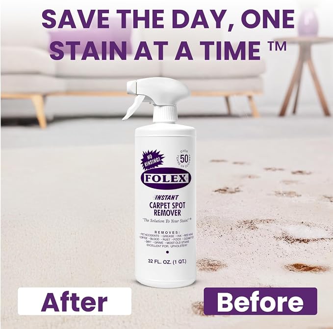 FOLEX Instant Carpet Spot Remover 32 oz – Powerful Stain Remover for Carpets, Upholstery & Rugs – Eliminates Pet Stains, Grease, Red Wine, Food, Makeup & More – With Reusable Cleaning Cloth - 2 Pack