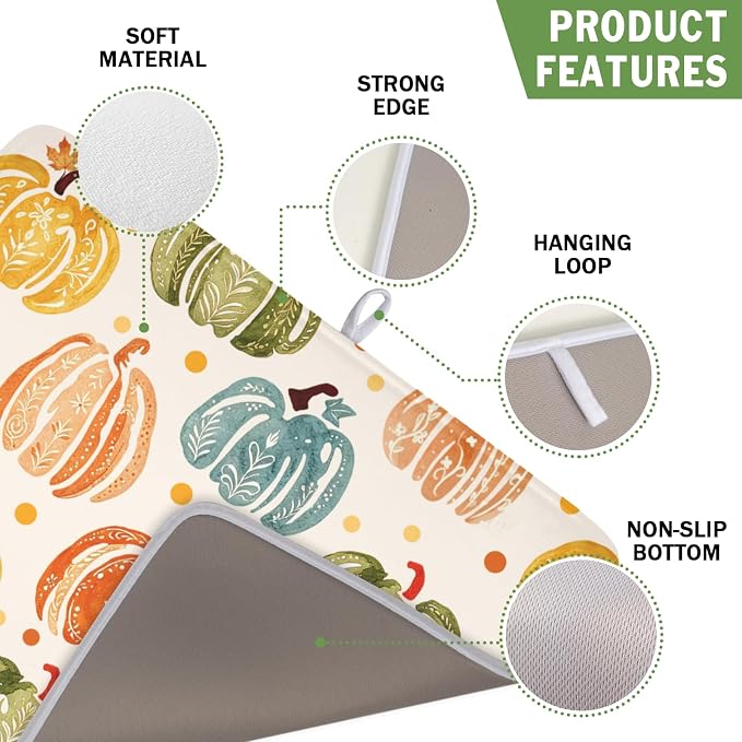 Fall Dish Drying Mat for Kitchen Counter 16 x 18 Inch Colorful Pumpkin Dish Drainer Mat Absorbent Microfiber Autumn Thanksgiving Harvest Dish Rack Pad for Coffee Dining Bar Decor