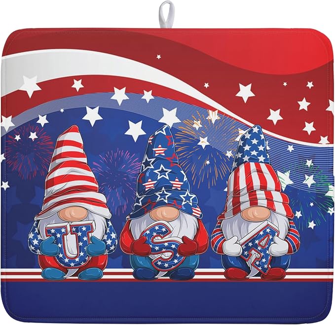 Kawani 4th of July Dish Drying Mat 16x18 Inch Spring Summer Patrioti Gnome Memorial Kitchen Mats Independece Day Absorbent Dishes Pad for Kitchen Counter Usa Stars Drying Mat Home Decor Countertops