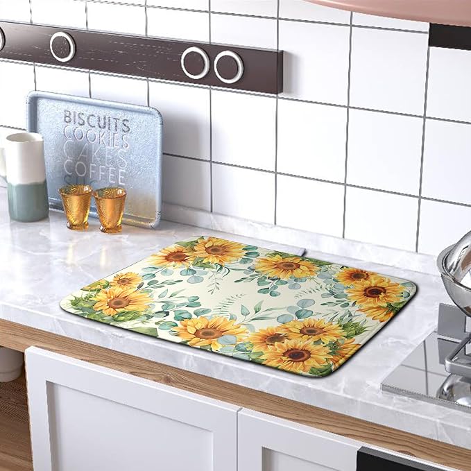 Sunflowers Dish Drying Mat for Kitchen Counter Yellow Flower Green Leaves Dish Draining Mats Spring Summer Floral Dishes Pad Microfiber Absorbent Dish Drainer Rack Mat Extra Large 18x24 Inch
