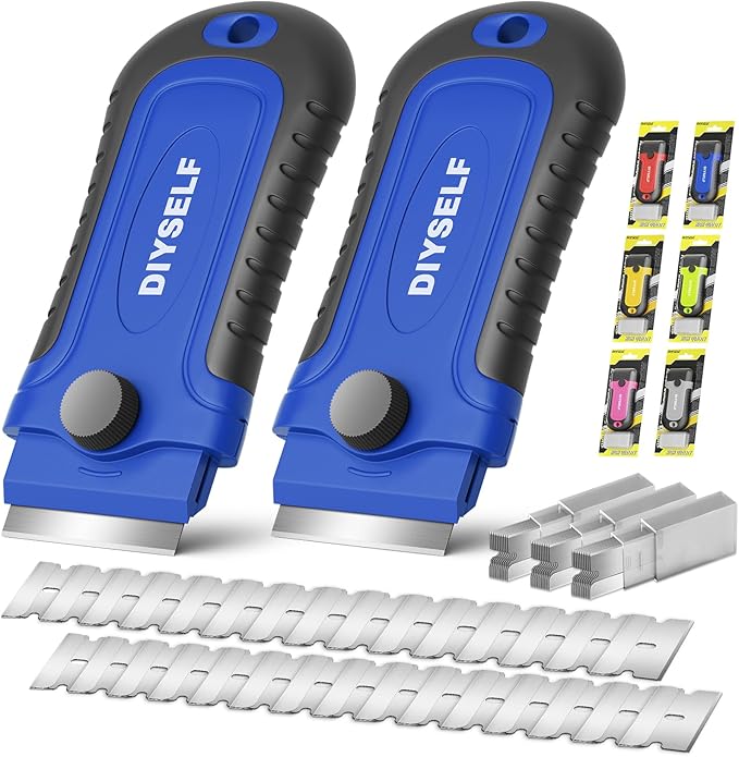 DIYSELF 2 Pack Razor Blade Scraper Tools with 30 Blades, Glass Scrapers | Glass Scrapers for Cooktops, Oven Doors, Windows, Mirrors and Tile, Razor Scraper Tools for Grease, Paint and Adhesive