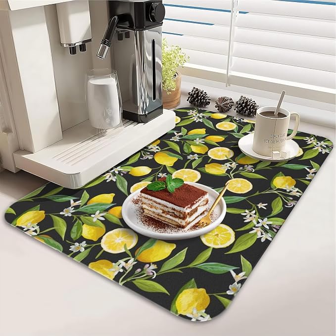 Dish Drying Mat 2-Pack in Black Lemon for Kitchen Counter Dishes Mat | Diatom Mud Mats (18x24, 19.5x12"). Non-slip rubber back for kitchen counter, coffee bar & sink scenes