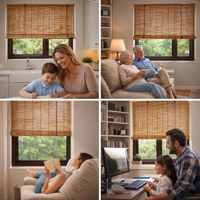 Bamboo Roman Shades for Windows, Roll Up Blinds for Indoor & Outdoor Patio, Natural Reed Light Filtering Sun Shade for Porch, Matchstick Window Treatments, 36 46 60 96 H(Natural,26" W x 60" H)