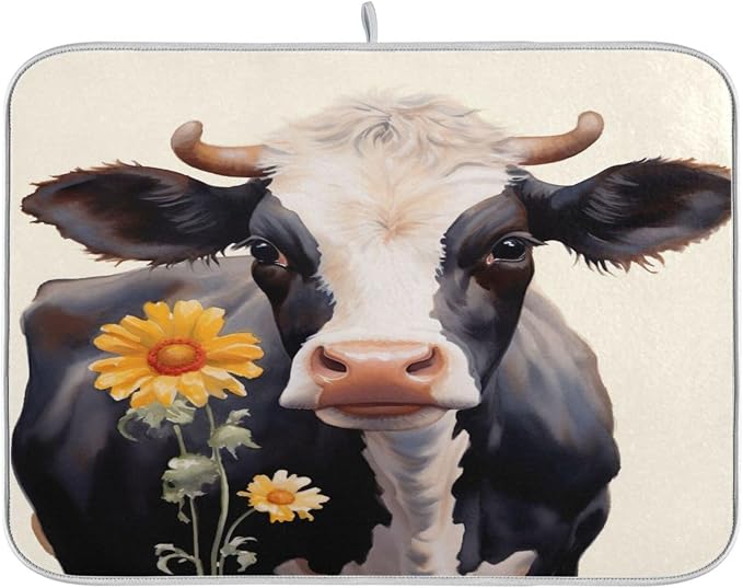 Dish Drying Mat Kitchen Counter Absorbent Flower Cow Coffee Sink Mat Dish Drainer Pad 18 Inch x 16 Inch