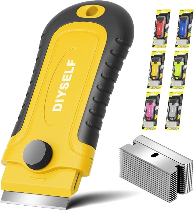 DIYSELF Razor Scraper Tool with 15 Extra Blades for Kitchen, Paint Scraper | Built-In Blade Storage Razor Scraper for Cooktops, Oven Glass, Windows and Tile, Paint Scraper for Stickers, Glue and Residue
