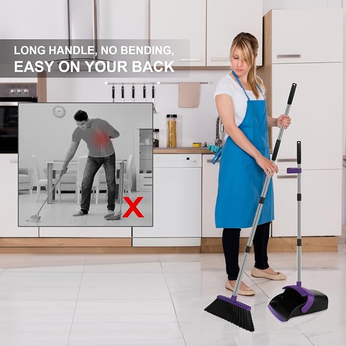 Purple Broom and Dustpan Combo Set, 55" Long Handle Broom | Large Area Outdoor Cleaning, Extended Reach Design, Built-in Comb Dustpan, Foldable Storage for Garage, Patio & Home