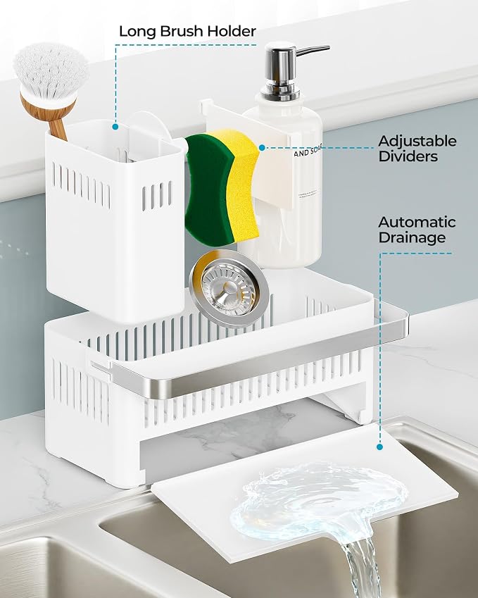 Nieifi Sponge Holder – White ABS Rust Sink Caddy with Towel Rack, 10.12" | Smiley sponge & brush holders with drainage to keep items dry. 4.5-inch depth. Kitchen counter organizer & essential storage.