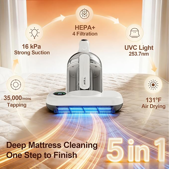 TER UV Bed Mattress Vacuum Cleaner with Smart Dust Sensor | 16 Kpa Strong Suction + 35000/rpm Tapping for Deep Clean Pet Hair and Dust on Mattress, Couch, Pillow