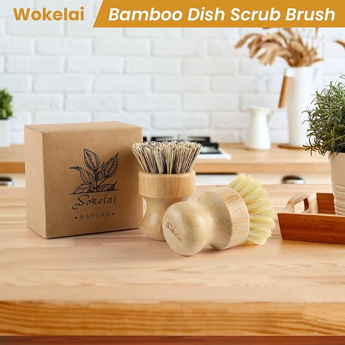 Bamboo Dish Scrub Brushes Set for Kitchen - Wooden Cleaning Scrubbers Brushes, Eco-Friendly Natural Dishes Washing Brush for Dishwashing Cast Iron Pots Pans Skillet Vegetables Sink, Set of 2