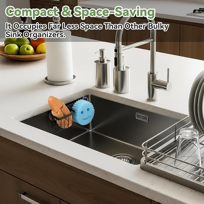 LANDNEOO [Space Saving] Sponge Holder for Kitchen Sink, Great for Scrub Daddy/Scrub Mommy Sponges, Rust-proof Sink Sponge Caddy Organizer for Dish Brush, Scrubber - with Suction Cups & Hooks, Black