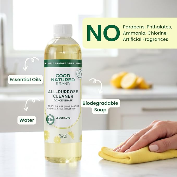 Good Natured Brand All-Purpose Cleaner Concentrate | Multi-Surface Cleaner | Natural Lemon Essential Oil | Multipurpose Cleaner Concentrate All Surfaces | Lemon Love | 16oz makes 256oz