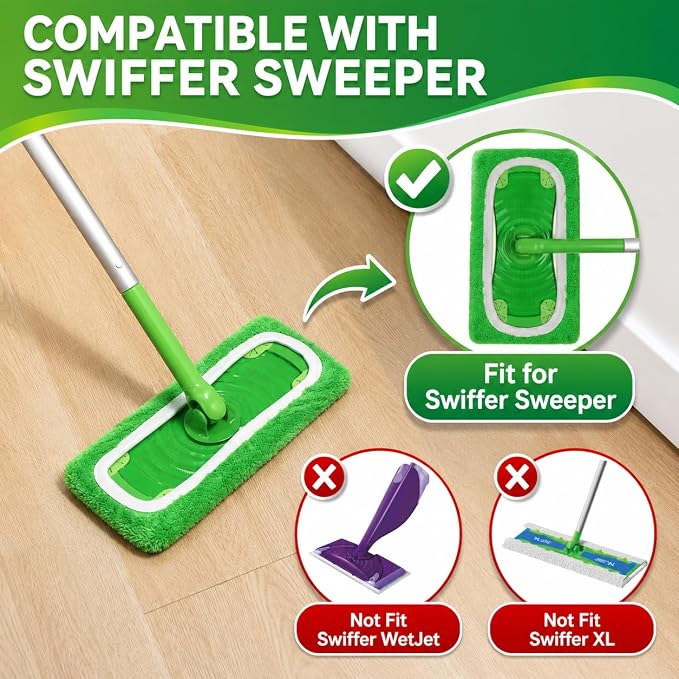 4 Pack Reusable Microfiber Mop Pads Compatible with Swiffer Sweeper, Washable Wet & Dry Mopping Pad Refills for Hardwood, Pet Hair, Laminate, Marble, Multi-Surface Floor Cleaning