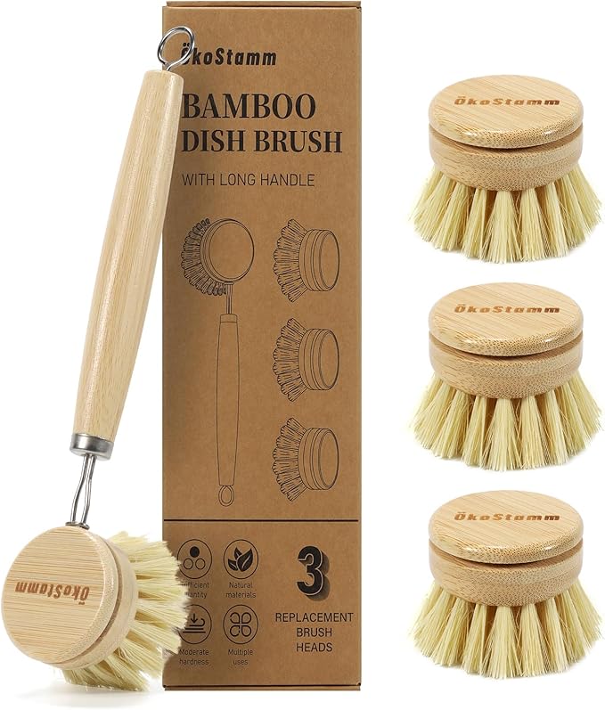 Bamboo Dish Brush with Long Handle - Natural Dish Scrubber Brush Set Includes 4 Replacement Brush Heads, Sisal Bristle Bamboo Brush for Dishes, Pans, Pot, Fruit and Veggie