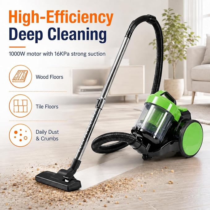 Simple Deluxe Household Portable 16.4Ft Vacuum Cleaner, 16Kpa Bagless Canister Cleaner, Lightweight Powerful Vacuum for Carpets and Hard Floors, with Washable HEPA Filter, Green