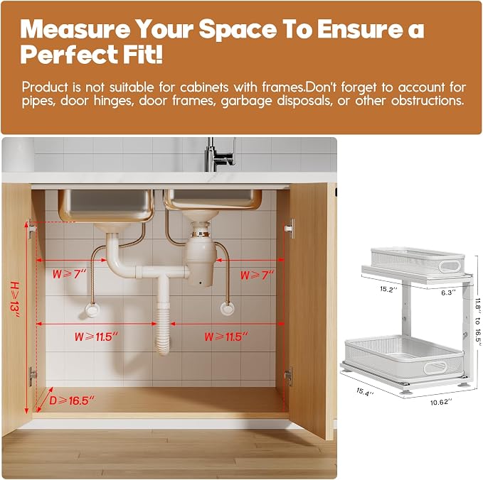 1-Pack Under Sink Storage Organizer with 2-Tier Slide Out Drawer, Sophisticated Mesh Pull Out Shelf for Kitchen & Bathroom, Fits Small Items, Upgraded Arched Track for Smooth Gliding-White