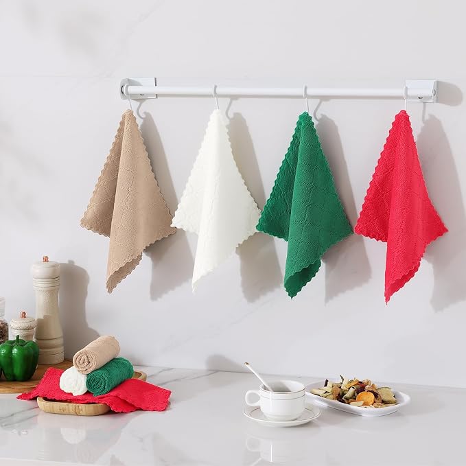 Homaxy 12 Pack Kitchen Dish Cloths, Super Soft and Absorbent Coral Velvet Dish Towels, Nonstick Oil Fast Drying Microfiber Cleaning Cloth, 10 x 10 inches, Dark Green/Tan/Red/White
