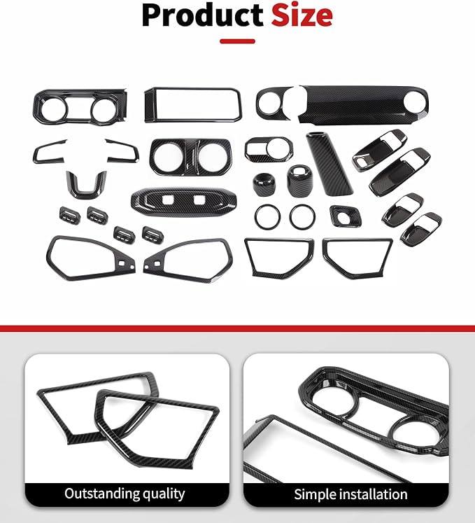 JWWY Carbon Fiber Interior Trim Kit Full Set Kit Decor Center Console Gear Shift Dashboard Panel,Door Window Switch Knob Speaker Cover Trim for 2024–2026 Jeep Wrangler JL JLU & Gladiator JT 28pcs