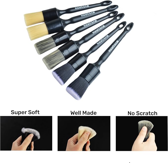 MVEQRRN 6 Pcs Car Detailing Brush Set, Boars Hair & Soft Cleaning Brushes | No Scratch,Detailing Brush for Air Vent,Leather Seat,Detail Brushes Car Detailing for Interior Exterior