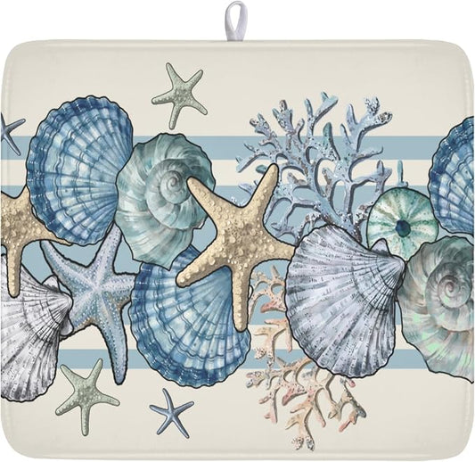 Nautical Coastal Dish Drying Mat for Kitchen Counter Summer Beach Seashell Starfish Microfiber Dish Drainer Mat Ocean Blue Pattern Absorbent Washable Drying Pad Extra Large 16"x18"