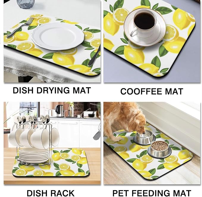 Dish Drying Mat 2-Pack in Yellow Lemon for Kitchen Counter Dishes Mat | Diatom Mud Mats (18x24, 19.5x12"). Non-slip rubber back for kitchen counter, coffee bar & sink scenes