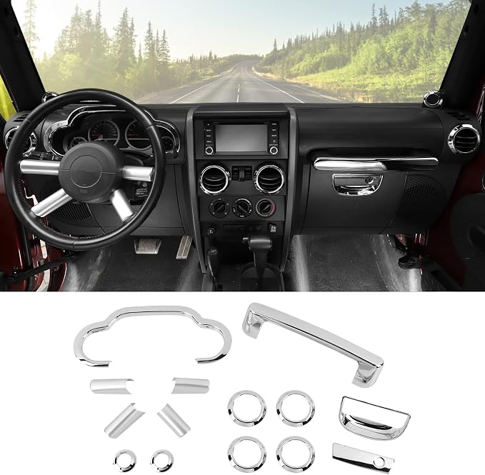 14PCS Full Set Interior Trim Kit for 2007-2010 Jeep Wrangler JK JKU,Air Outlets A Pillar Speaker Glove Box Handle Dashboard Cover Trim(Chrome)