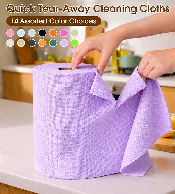 KitchLife Microfiber Cleaning Cloth Roll, 100 Pack - Tear-Away Microfiber Paper Towels, Lint-Free, Reusable, Washable for Kitchen, Car, Dishes, and Sensitive Surfaces (Light Purple)