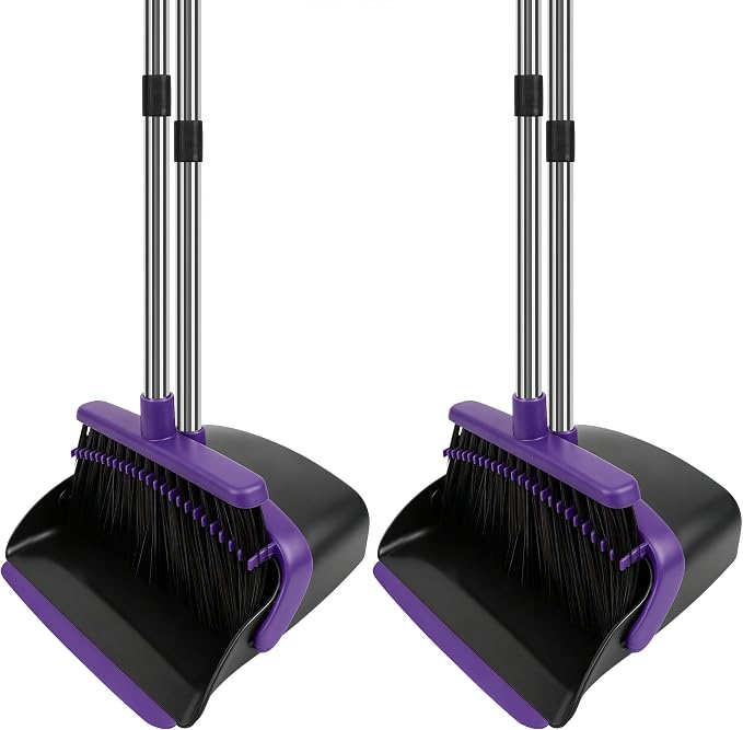 Broom and Dustpan Set 2 Pack, Upright Stand Up Broom and Dustpan Combo with Long Handles, Self-Cleaning Dustpan Teeth, Indoor Outdoor Sweeping Set for Home, Kitchen, Garage Pet Areas Purple