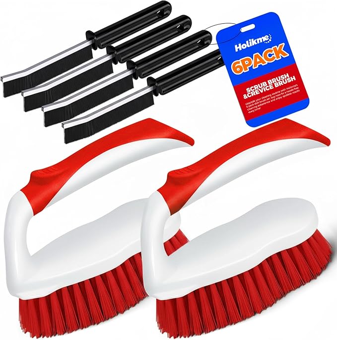 Holikme 6 Pack Cleaning Brush Scrub Brush Kitchen Brush for Floor,Red | Scrub Brushes for Cleaning, Heavy-Duty Scrub Brush, Stiff Bristles Cleaning Brush for Kitchen Bathtub Floor and Wall