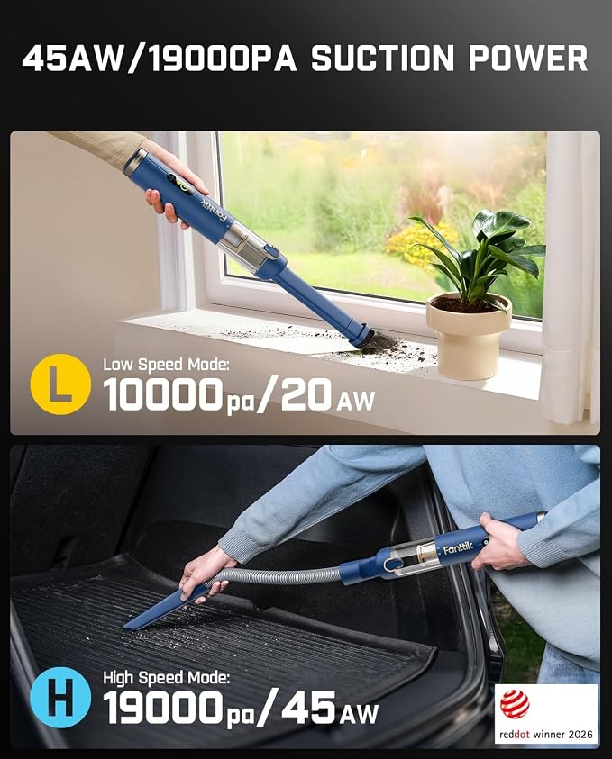 Fanttik Slim V10 APEX Cordless Car Vacuum, 4-in-1 Portable Mini Handheld Vac, 19kPa Suction Power, Upgraded Smart Digital Display, 2 Suction Modes for Small Jobs, Car, Office Desk, Keyboards (Blue)