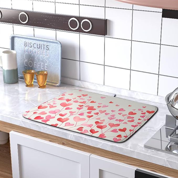 Valentines Pink Love Heart Dish Drying Mat Valentine Day Absorbent Microfiber Dish Drying Pad Heat Resistant Kitchen Counter Draining Mat Extra Large Dish Drainer Rack Mats 16x18 Inch