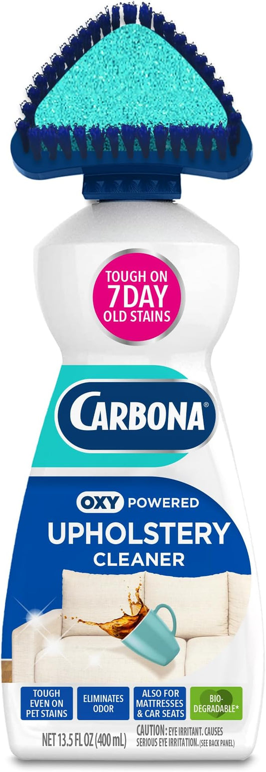 Carbona Oxy Powered Upholstery Cleaner with Brush & Sponge (13.5 Fl Oz), Stain Remover for Couches, Car Seats & Mattresses. Fast Formula, No Residue