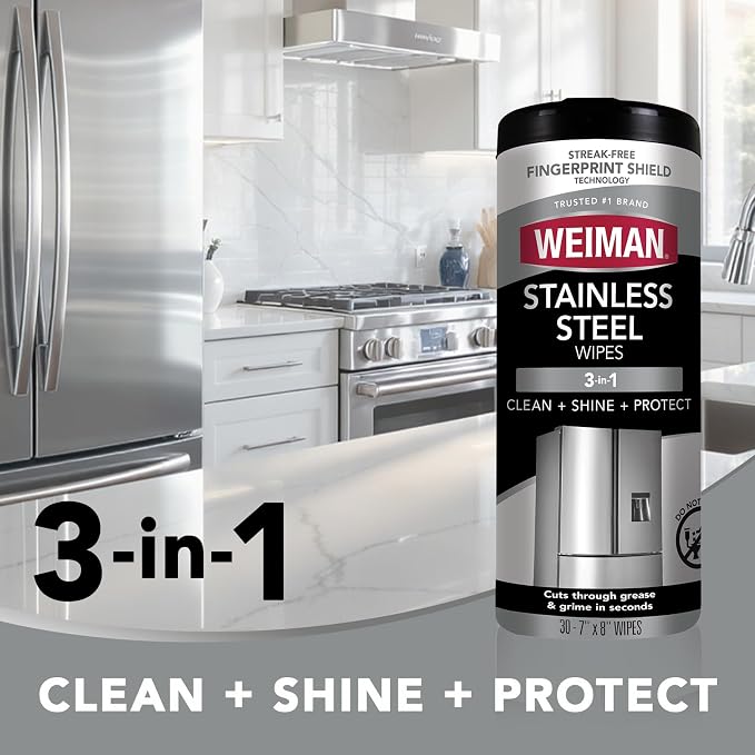 Weiman Stainless Steel Wipes and Leather Wipes - Clean and Polish Appliances for a Brighter and Longer Shine - Clean, Condition and Restore Leather Surfaces - Packaging May Vary