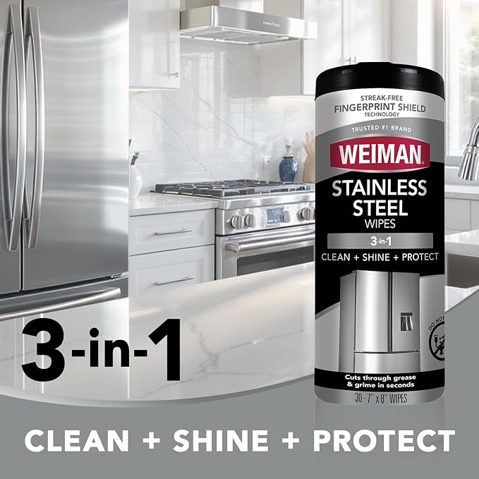 Weiman Stainless Steel Cleaner & Polish Kit, 3 Piece - Spray, Wipes & Cloth, Anti-Fingerprint, Removes Grease, Water Spots, Streaks & Residue, Polishing Cleaner Safe for Appliances, Sinks & Grills