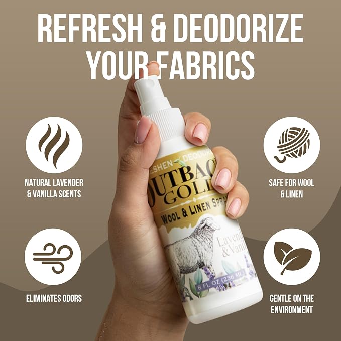 Outback Gold Linen Spray, Lavender & Vanilla, Fabric Freshener, 8 fl oz | Essential-oil linen and fabric freshener for wool, bedding, and home textiles. Eco-friendly, made in USA.