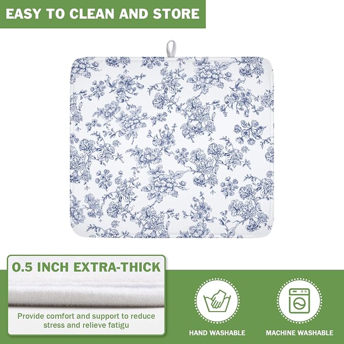 Blue Floral Dish Drying Mat for Kitchen Counter Chinoiserie Flower Microfiber Dish Drainer Mat Vintage Rustic Elegant Absorbent Washable Drying Pad Extra Large 16"x18"