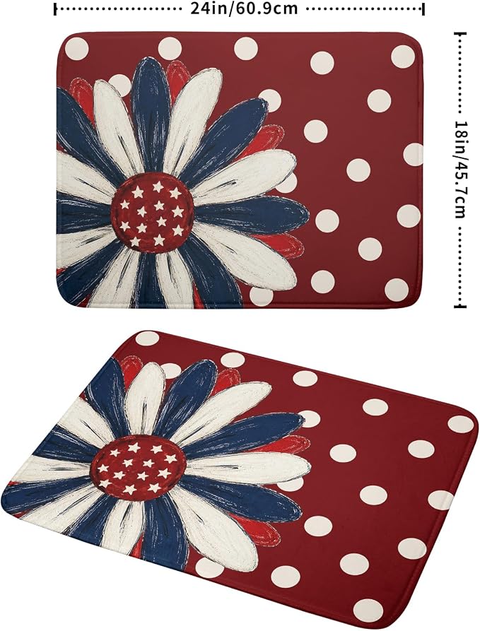 Patriotic Dish Drying Mat 18x24 In Red and Blue Daisy Microfiber Kitchen Draining Mat for Countertops